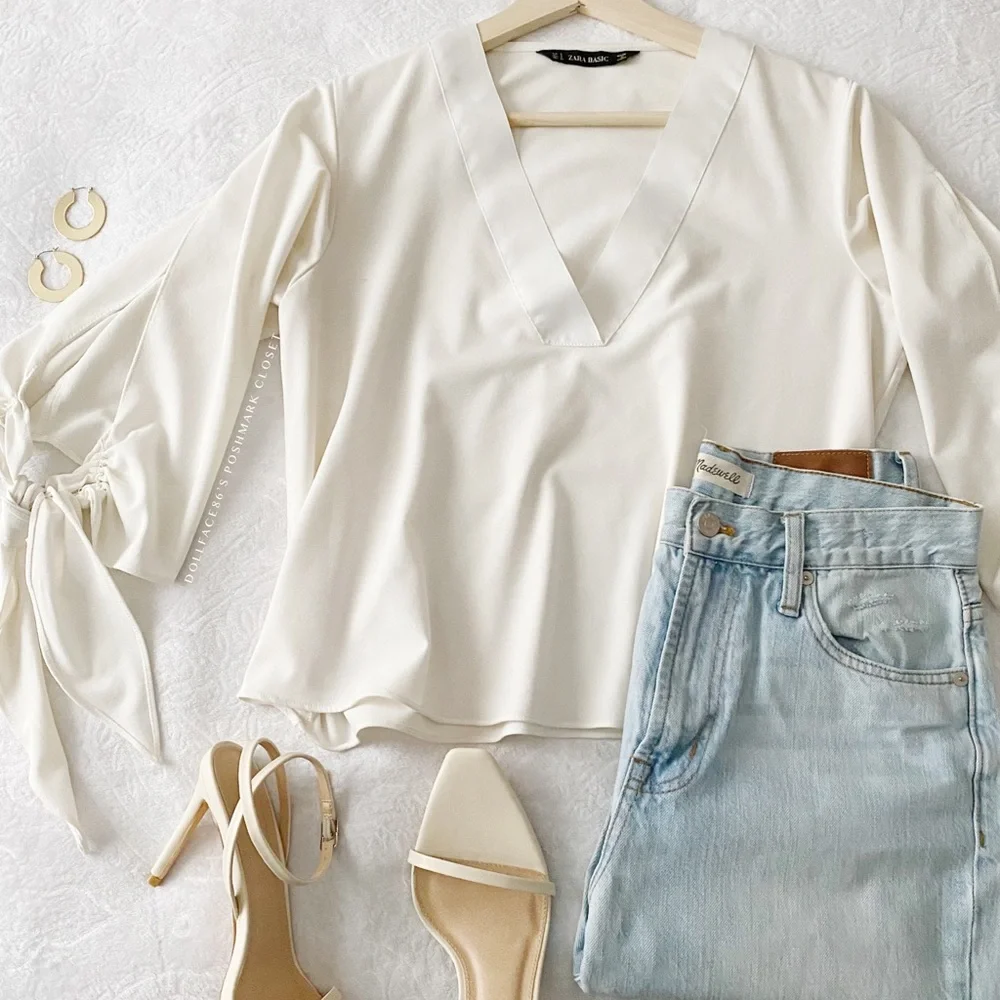 Zara Off White Tied Bell Sleeve V Neck Top - Picture 1 of 11